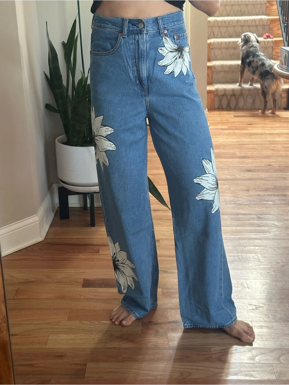 FARM Rio x Levi’s - Blue Denim Wide-Leg Jeans with White Floral Prints